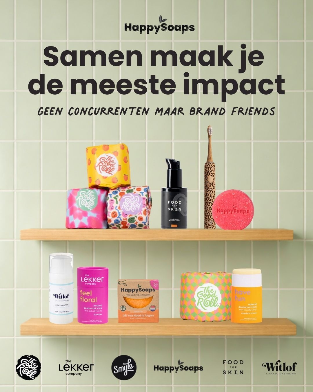 De zes deelnemende impactmerken op twee planken. De zes deelnemende impactmerken op de plank. Eigen foto