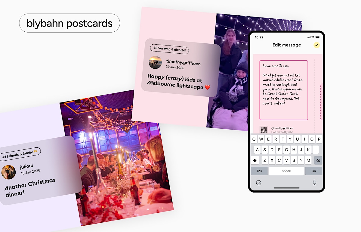Met Blybahn Postcards kunnen gebruikers van een foto uit hun feed een echte ansichtkaart maken. Zooma | Met Blybahn Postcards kunnen gebruikers van een foto uit hun feed een echte ansichtkaart maken.
