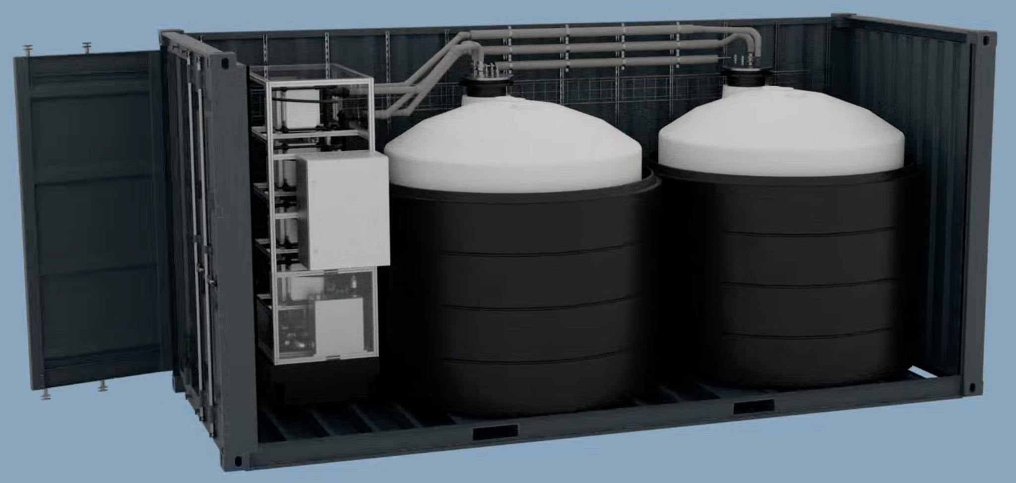 De grote waterbatterij van H2OVolt met twee tanks met ieder 5000 liter water slaat 200 kilowattuur stroom op en biedt een vermogen van 30 kilowatt. De grote waterbatterij van H2OVolt met twee tanks met ieder 5000 liter water slaat 200 kilowattuur stroom op en biedt een vermogen van 30 kilowatt. Foto: H2OVolt