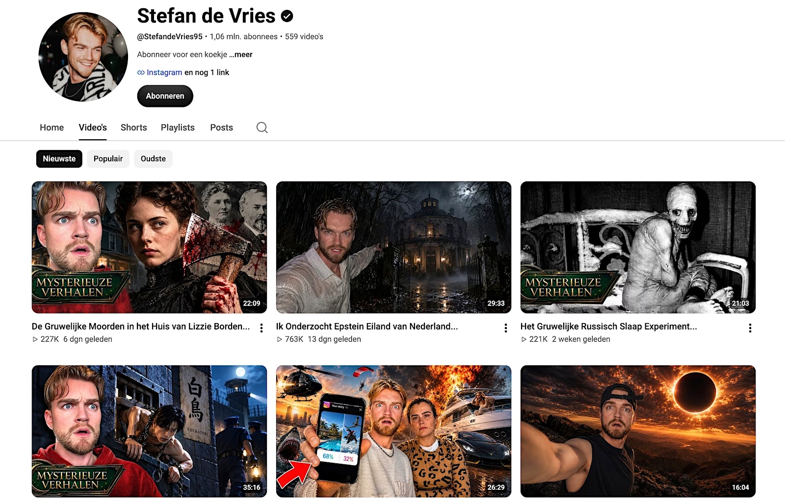 YouTube-kanaal van Stefan de Vries met ruim 1 miljoen abonnees. Foto: screenshot van YouTube